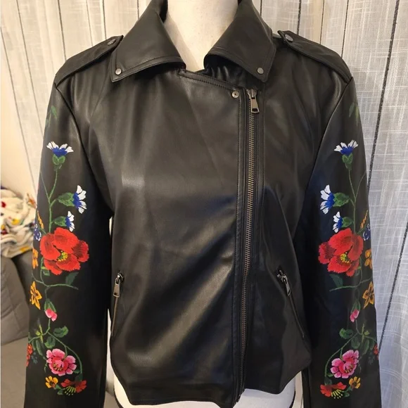 VENUS Black Leather Jacket with Vibrant Floral Design - Picture 2 of 5